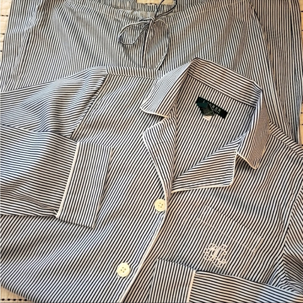 LAUREN RALPH LAUREN 2-piece Monogram Navy Striped Cotton Pajama Set *sz M*